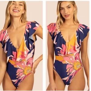 Trina Turk Floral Ruffle One Piece Swimsuit Navy Wire Free Size 14 Resort Vacay